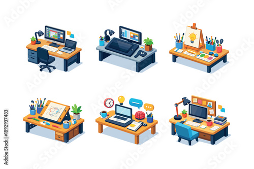 Creative Desk Icons. Creative desk. Isometric flat vector icons set of Creative desk: designer workspace desk, drawing tablet desk setup, creative tools desk,