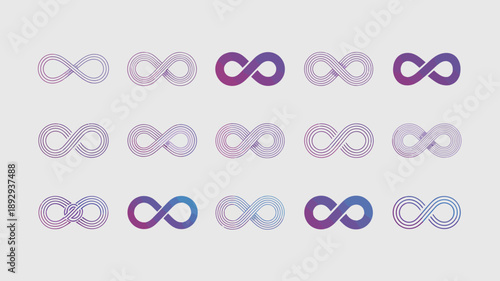 The image displays a repeating pattern of infinity symbols in varying shades of purple and blue creating a modern aesthetic high quality professional detailed elegant stylish