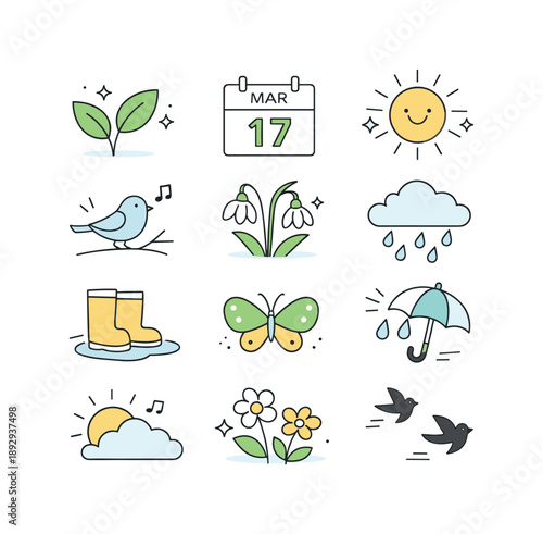 March Minimalist Icons. March seasonal icons. A clean set of minimal icons representing early spring, with symbols like leaves, calendar dates, gentle sun, and