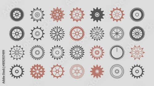 An arrangement of various gears in differing styles and colors mainly black and reddish brown against a light gray background high quality professional detailed modern elegant