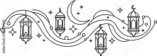 Elegant black line art illustration featuring Islamic lanterns crescent moons and sparkling stars for spiritual celebration designs