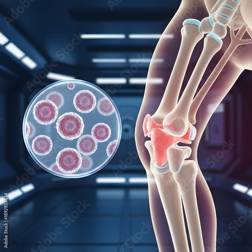 An illustration of a human knee joint with inflammation and a microscopic view of bacteria in a medical laboratory setting.