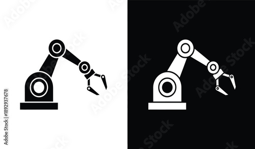 Two robotic arms in black and white on different backgrounds for industrial or technology concepts