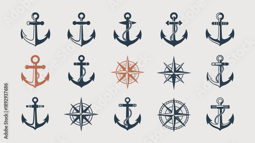 A collection of nautical themed vector illustrations displays various anchor designs and a compass rose predominantly in dark blue and orange high quality professional detailed modern