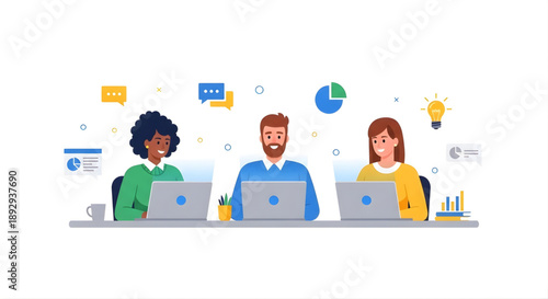 A diverse team of three people working together on laptops in a modern office setting with various data visualization icons surrounding them.
