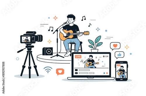 Digital Concert Performance. Virtual concerts and live-streamed events. A musician performing on a small stage while a camera streams the show online, calm