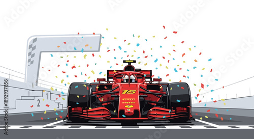 Red racing car speeding on track with confetti explosion, viewed from behind