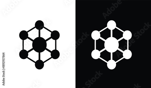 Molecular structure icons with hexagonal cells and connected nodes in black and white