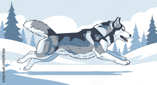 A husky dog running quickly through the snow-covered forest landscape illustration