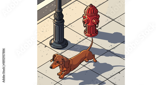 Dachshund dog walking on sidewalk near fire hydrant and lamp post in urban setting