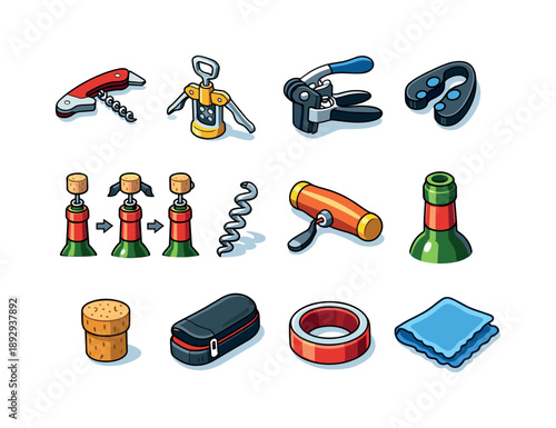 Bottle Opener Icons. Bottle opening. Colorful isometric vector icons set of bottle opening: waiter's corkscrew, wing opener, lever opener, foil cutter, cork