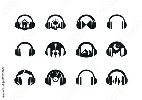 Indie Music Icons. Indie music. Icon set. Set Logo of indie music: headphone silhouette. harmonious logo variations of the same emblematic concept, each with