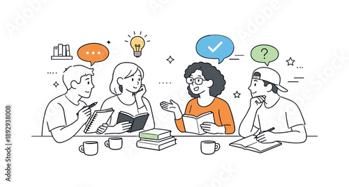 Library Study Group. Library study group discussion. Students exchanging ideas with notebooks and speech bubbles, thoughtful mood and respectful communication.
