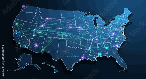 Network connections across the United States highlighted on a digital map with glowing lines and nodes