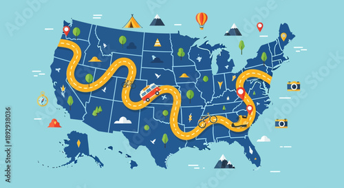 Road trip route map across the United States with various landmarks and symbols on a blue background illustration