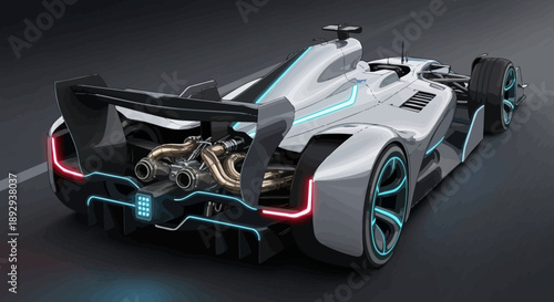 Rear view of a futuristic silver racing car with neon lights on a dark road