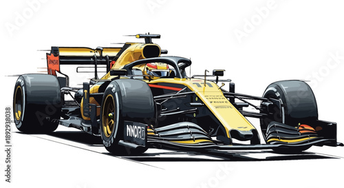 A high-speed Formula 1 racing car speeding on a track with vibrant yellow and black design