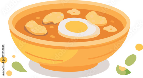 A flat vector illustration of a warm bowl of creamy soup topped with egg and dumplings, presented in a yellow ceramic bowl