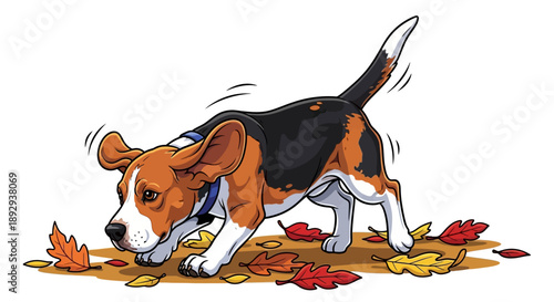 A beagle dog sniffs and runs through fallen autumn leaves in a vibrant outdoor setting from a side viewpoint