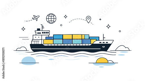 Global Trade Voyage. Maritime freight shipping. A cargo ship transports containers across calm water, reflecting global trade and steady movement. Soft waves