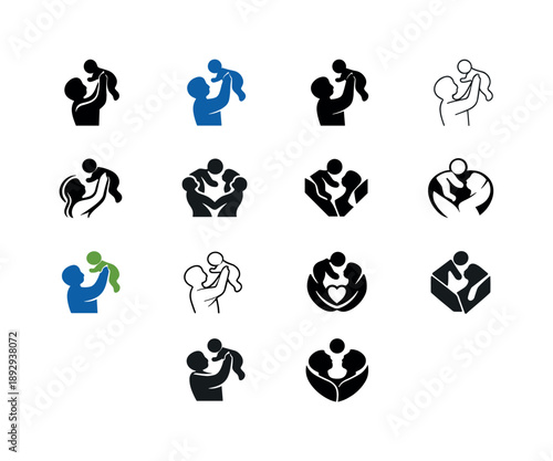 Harmonious Family Logos. Family and parenting. Icon set. Set Logo of Family and parenting: parent lifting baby. harmonious logo variations of the