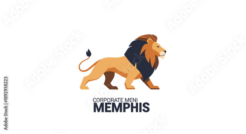 Majestic Lion Walking with Corporate Memphis Logo.
