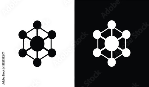 Molecular structure icon with connected nodes and circular bonds in black and white