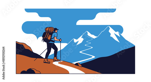 Man Hiking with Backpack and Trekking Poles on Mountain Trail.