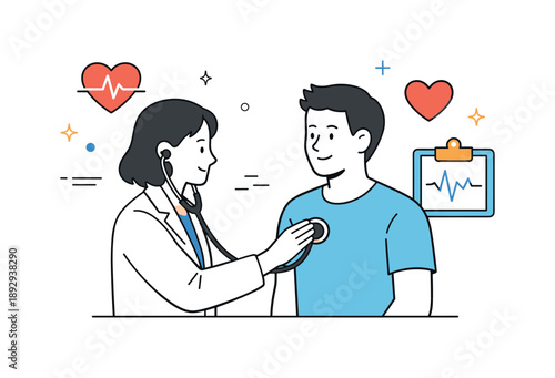 Routine Heart Checkup. Heart health checkup. A doctor listens to a patient?s chest with a stethoscope while simple heart symbols appear nearby, representing