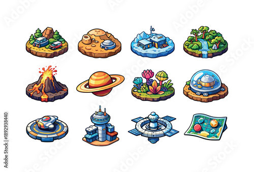 Outer Rim Icons. Outer rim worlds. Colorful isometric vector icons set of Outer rim worlds: frontier planet, desert moon, icy outpost, jungle world, volcanic