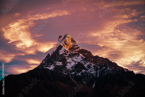 Canvas Print Machhapuchhre Fishtail Mountain at sunset above Pokhara Nepal Himalayas