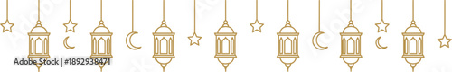 Elegant golden line art pattern featuring traditional Islamic lanterns stars and crescent moons hanging for festive celebrations