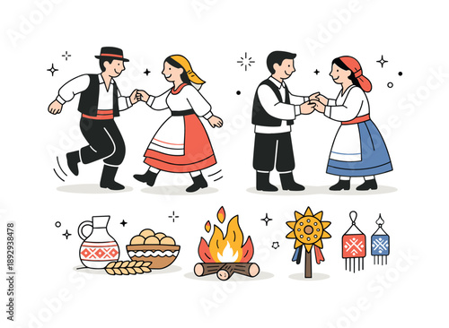 Cultural Celebration Dance. Traditional cultural celebration. Characters wearing simple traditional clothing, dancing or greeting each other with symbolic