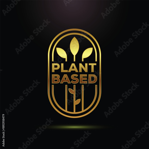 Golden plant based logo with leaves and text on dark background