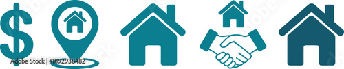 Real estate icons set featuring property location, home investment, house sale agreement, realty finance, and residential buying concepts for business, web, and marketing design