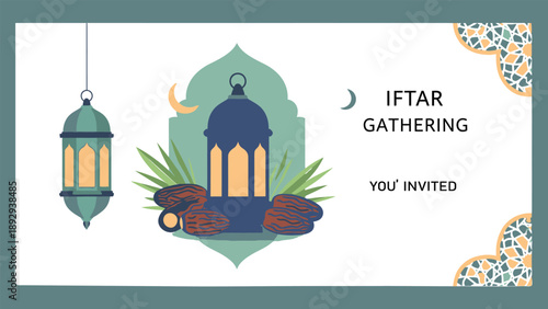 Elegant Iftar Gathering invitation card design featuring traditional lanterns crescent moon and dates for Ramadan celebration