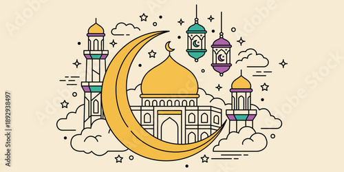 A Festive Embrace: An artistically drawn mosque takes center stage, its golden dome gleaming beneath a crescent moon and amidst an array of hanging lanterns.