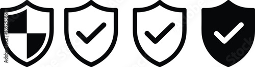 Security shield icons set with check marks showing protection, verification, safety, privacy, cybersecurity concept, approval symbols, trust assurance, minimal black and white vector illustration