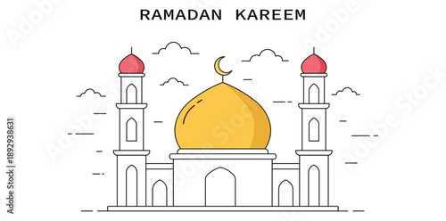 Ramadan Kareem Mosque: A festive and clean illustration of a mosque, celebrating Ramadan Kareem, designed with bold lines, a golden dome, and minarets beneath a sky of puffy clouds.