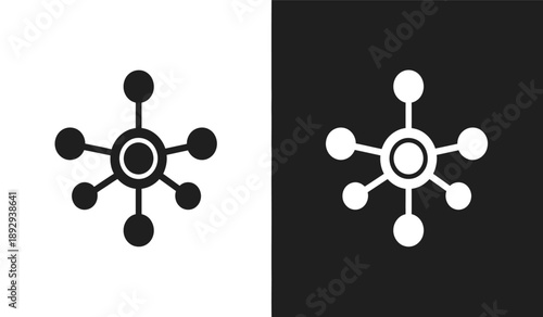 Black and white molecular structure icons with connected nodes and circles and black backgrounds