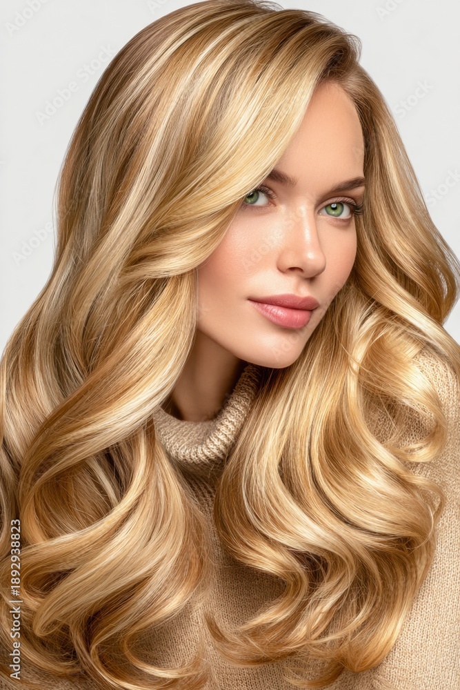 Naklejka premium Woman with long wavy hair posing in a light sweater
