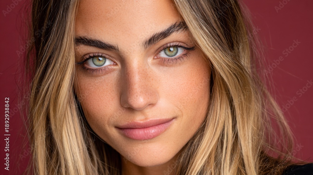 Obraz premium Young woman with light eyes and blonde hair on plain background
