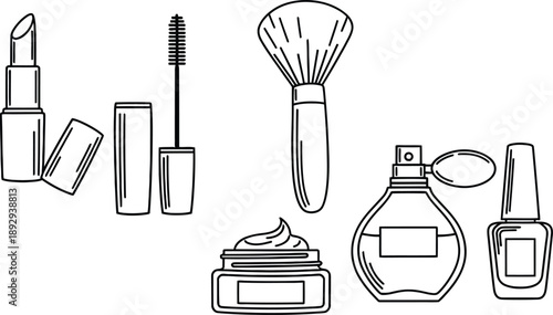 Set of makeup beauty icons including lipstick brush and mirror