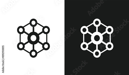 Molecular structure icons with atoms and bonds in black and white and black backgrounds