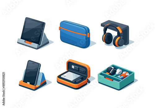 Isometric Device Storage Icons. Device Storage. Isometric flat vector icons set of Device Storage: tablet stand, laptop sleeve, headphone hanger, phone dock,