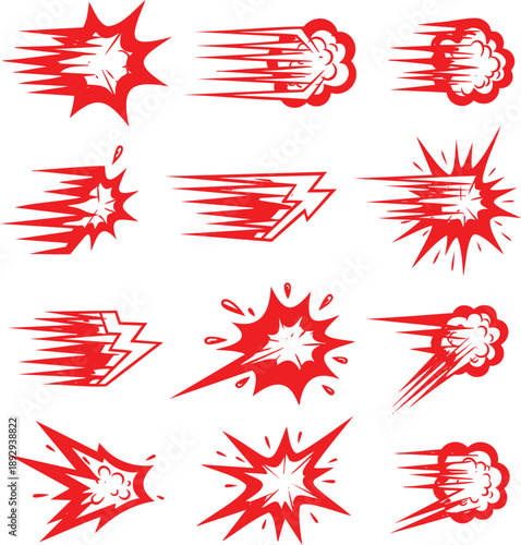 Vibrant vector set of action speed lines, motion blur streaks, and explosive impact bursts perfect for energetic graphic designs