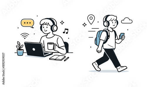 Wireless Audio Lifestyle. Everyday wireless audio. Person working or walking while wearing wireless headphones, calm and productive atmosphere. Editorial scene