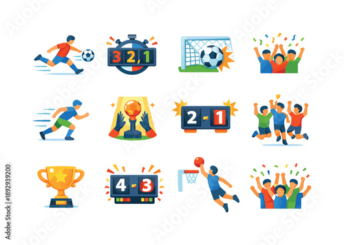 Clutch Performance Icons. Clutch performance. Colorful flat vector icons set of Clutch performance: final kick, time countdown, ball into goal, crowd reaction,