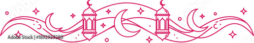 Elegant pink Islamic Ramadan Kareem border design with traditional lanterns crescent moons and sparkling stars for festive decoration