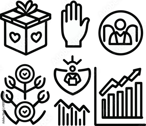 charity organization objects, donation box, helping hand icon, volunteer badge, community group symbol, fundraising goal chart, bold black thick outline line art